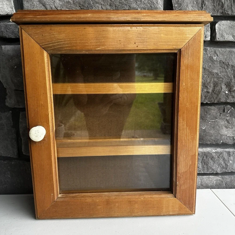 Vintage Wooden Wall Mount Countertop Display Cabinet w/Glass Door Granny Cottage